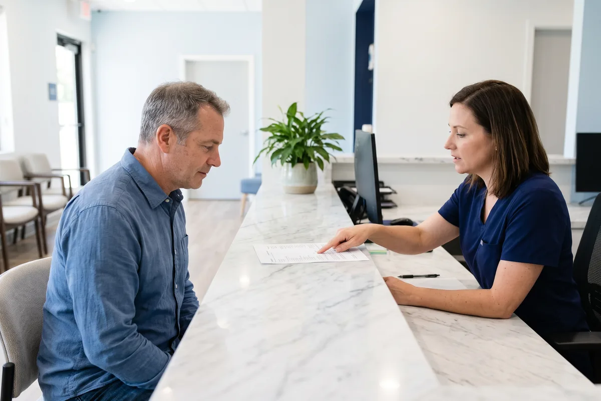 Adult patient reviewing a printed treatment estimate with a front desk team member in a bright dental office