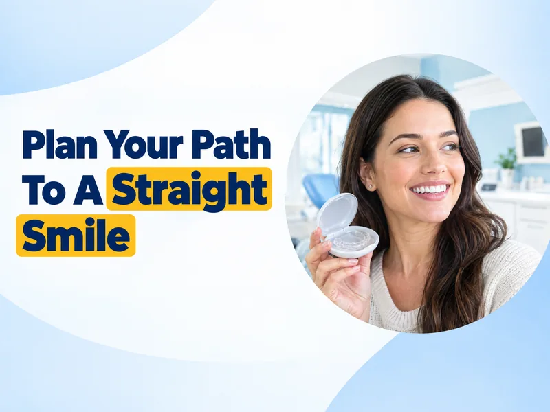 How long does Invisalign take shown by a smiling adult holding a clear aligner case in a bright modern dental office