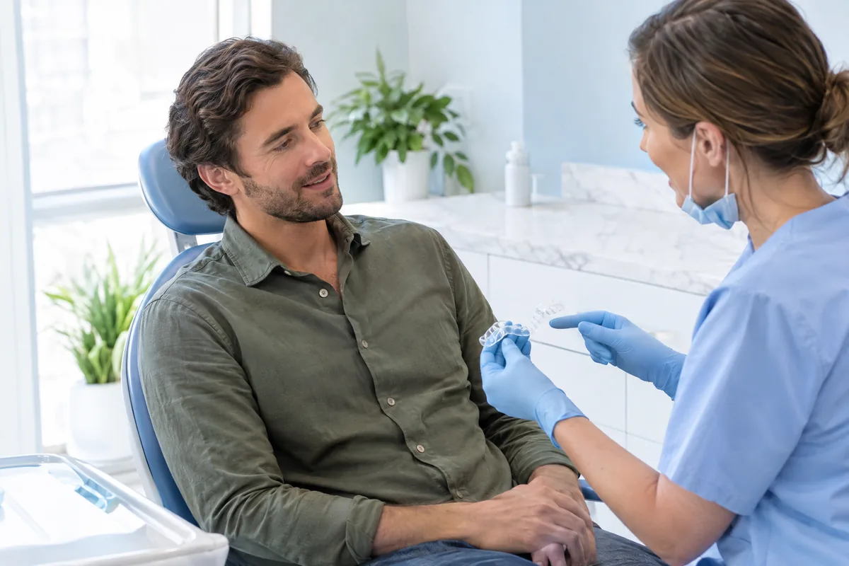 Adult patient in a dental chair talking with a dentist about clear aligner progress in a bright dental office