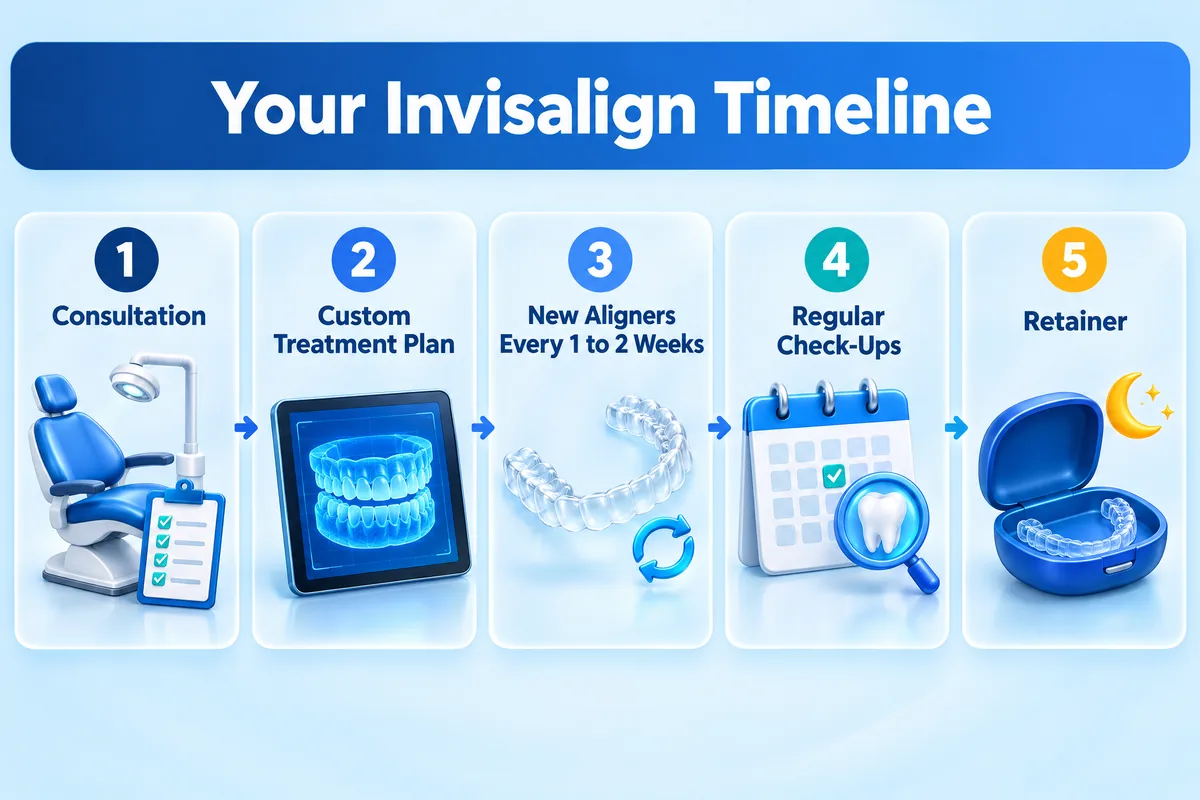 Infographic showing five steps of an Invisalign treatment timeline from consultation to retainers