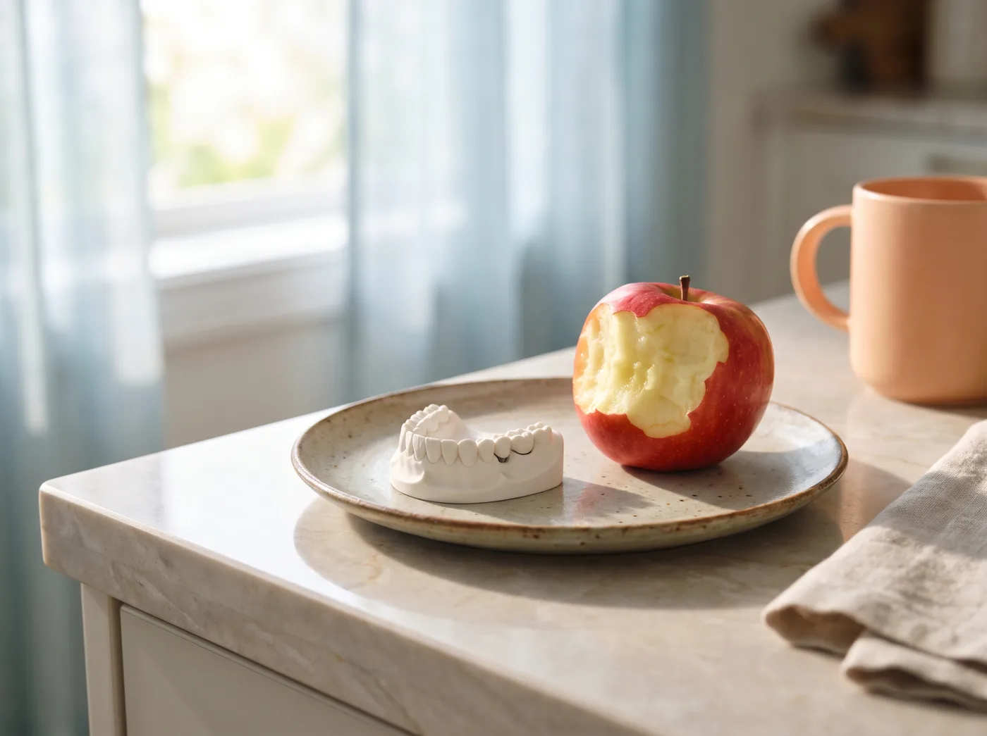 Apple and full-arch dental model: eating again with All-on-4 implants, Arlington Heights, IL