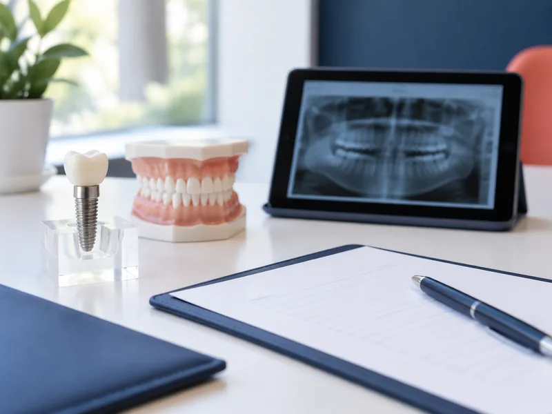 Dental implant model, X-ray and written cost estimate on a consultation desk in Arlington Heights, IL