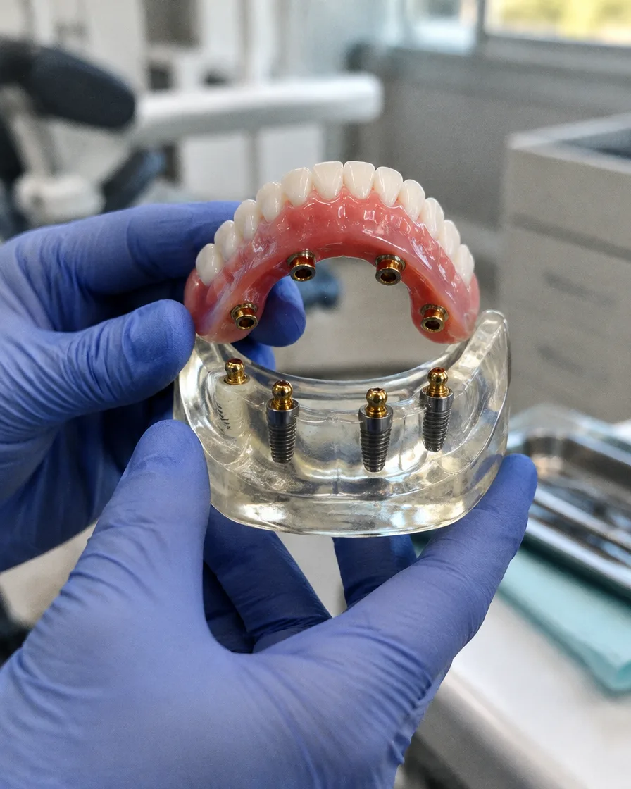 Implant-supported denture model on four implants at Omni Dental in Arlington Heights, IL
