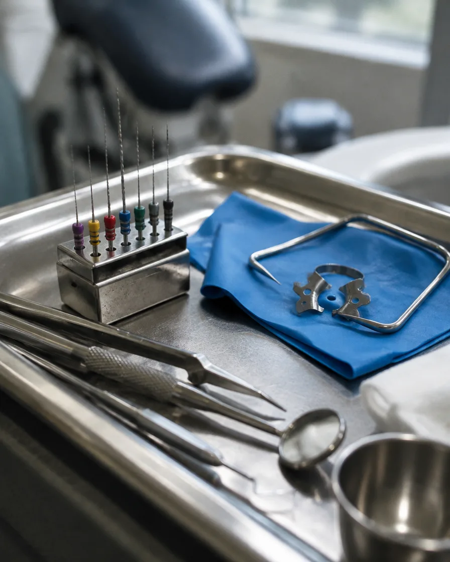 Root canal treatment instruments on a tray at Omni Dental in Arlington Heights, IL