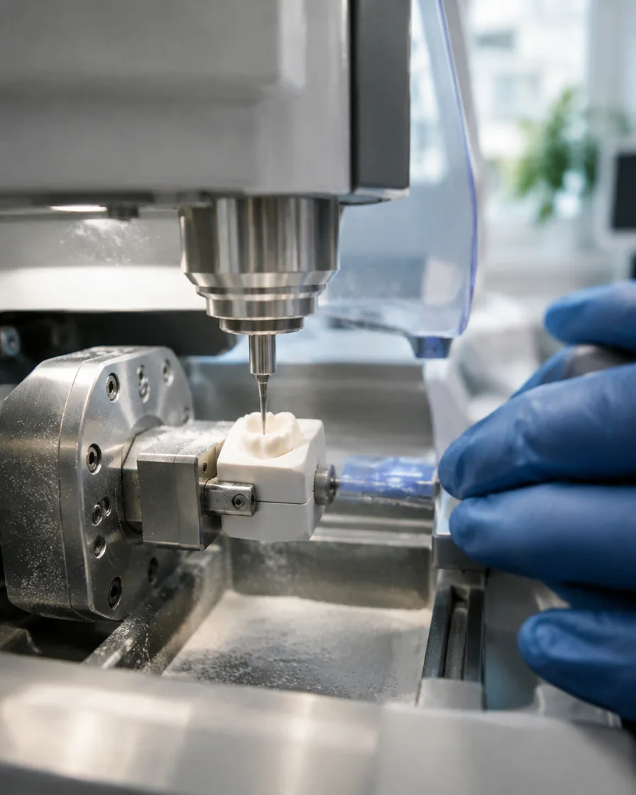 Same-day ceramic crown being milled in the office at Omni Dental in Arlington Heights, IL